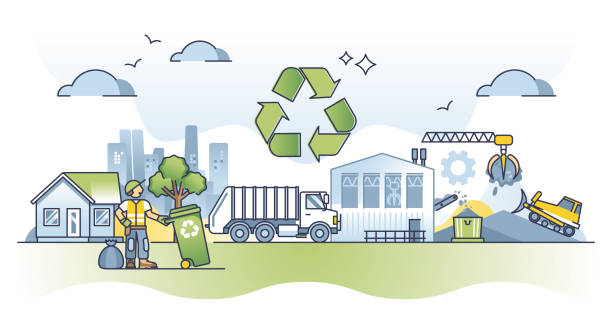ilustraciones, imágenes clip art, dibujos animados e iconos de stock de concepto de esquema de gestión de residuos con recolección, clasificación y manejo de basura - sorter