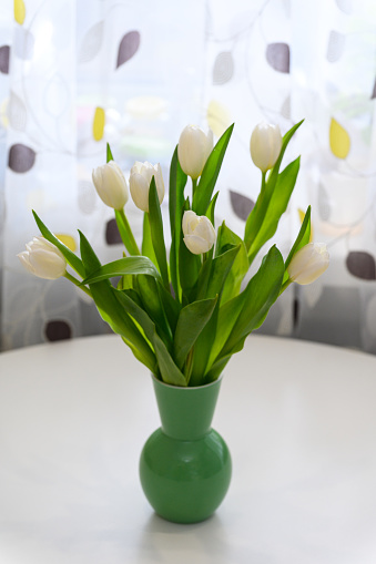 A bouquet of white tulips in a vase on a white table.