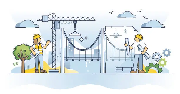 Vector illustration of Civil engineer profession and work with infrastructure outline concept