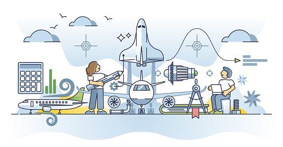 Aerospace engineering with aviation knowledge specialty outline concept. Technical education for airplane, space shuttle or jet turbines performance vector illustration. Mechanical work occupation.