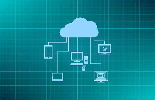 Flat design concept of cloud service and mobile devices with long shadows. Process of upload and download - vector illustration