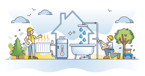ilustrações, clipart, desenhos animados e ícones de serviço de canalização e aquecimento para o conceito de esboço do sistema de caldeira central - plumber flame home interior water heater