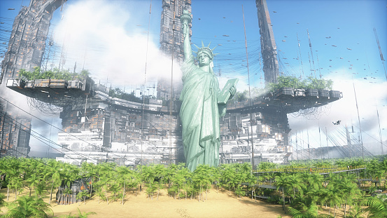 State of liberty in futuristic city, desert, flying cars and ships traffic. Future architecture concept. 3d rendering