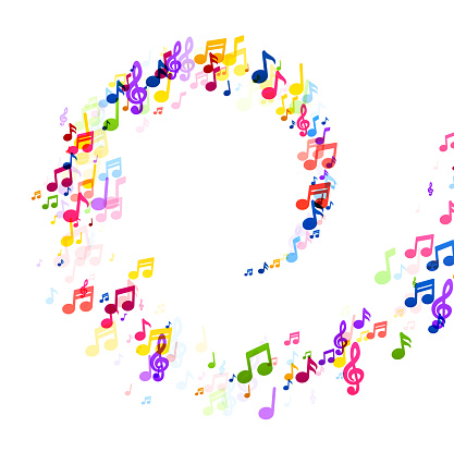 Colorful music notes form a circular pattern on a white background, symbolizing unity and the cycle of musical harmony.