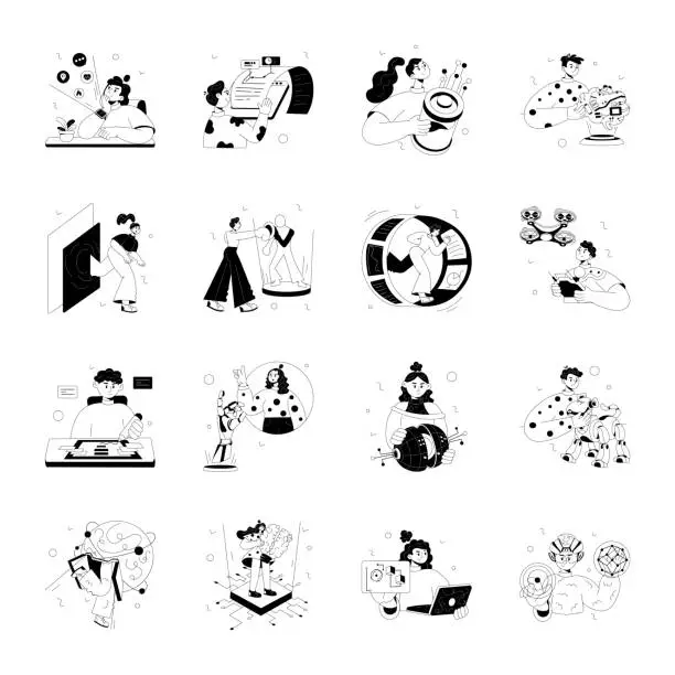 Vector illustration of Set of Smart Technology Doodle Mini Illustrations