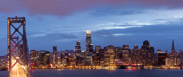 Panoramic Views of San Francisco Bay Bridge and Waterfront at Twilight.