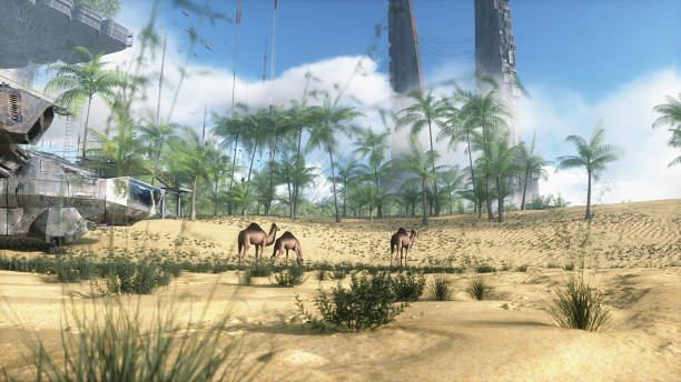 istock Camel walking in futuristic desert, sci fi city. Future architecture concept. 3d rendering. 2076557862