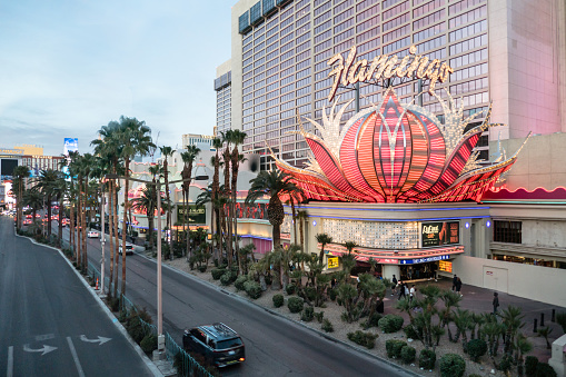 Las Vegas, Nevada - USA: Flamingo Hotel marquee with lights blazing from high perspective