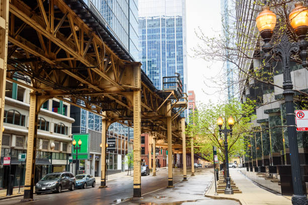 istock Elevated railway tracks over a street as seen from a sidewalk in Chicago Loop downtown district 2076568921