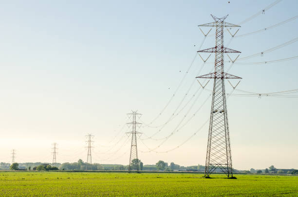 istock Tall steel pylons supporting high voltage power cables over cultivated fields at sunset 2076569952