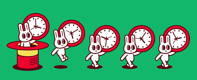 Animal Characters Vector Art Illustration
A group of cute rabbits, each holding a time clock, kept popping out of a magic hat and walking in a straight line.