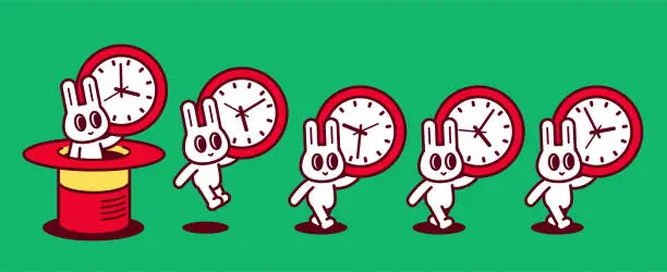 Vector illustration of A group of cute rabbits, each holding a time clock, kept popping out of a magic hat and walking in a straight line