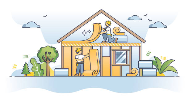 stockillustraties, clipart, cartoons en iconen met home insulation with thermal efficiency shield rolls layer outline concept - isolatiemateriaal