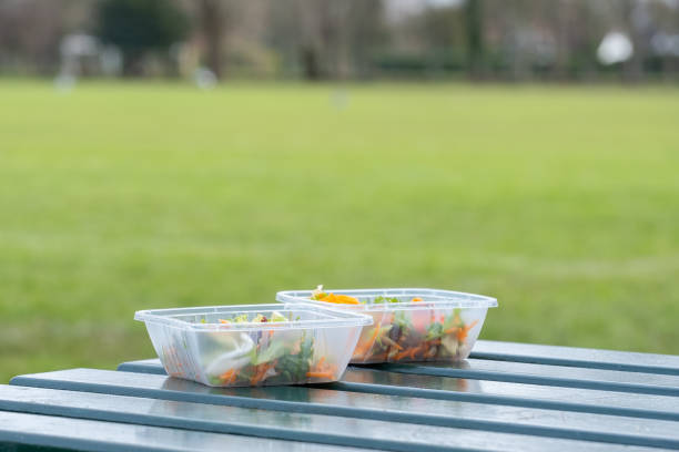 Two plastic food containers filled with salad are on a picnic table at a public park.