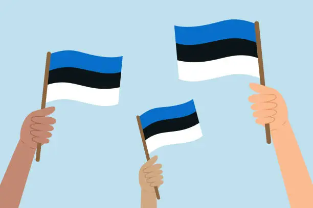 Vector illustration of Diverse hands holding flags of Estonia. Vector illustration of Estonian flags in flat style.