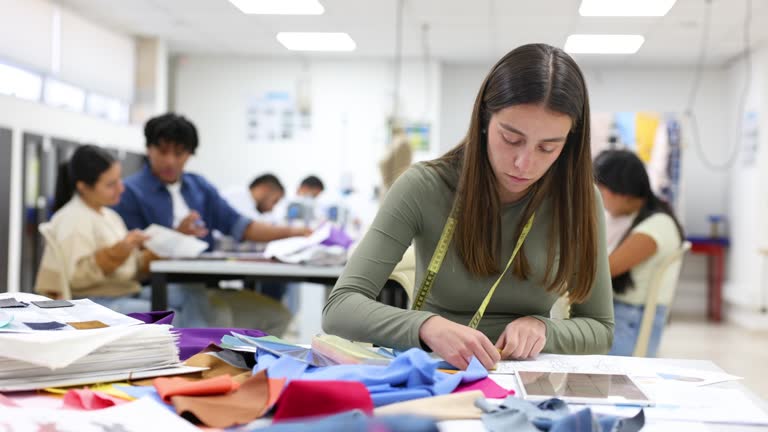 Female student at a fashion design class taking measurements using a tablet while working on a design