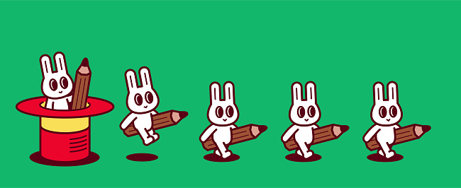 Animal Characters Vector Art Illustration
A group of cute rabbits, each carrying a big pencil, kept popping out of a magic hat and walking in a straight line.