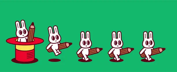 Vector illustration of A group of cute rabbits, each carrying a big pencil, kept popping out of a magic hat and walking in a straight line