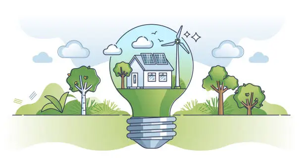 Vector illustration of Nature energy and green electricity consumption for lighting outline concept