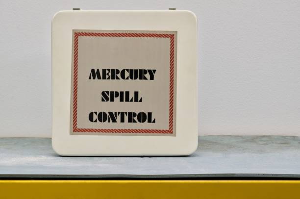 istock Closed Mercury spill control kit box standing upright on a shelf with copy space. 2076646365