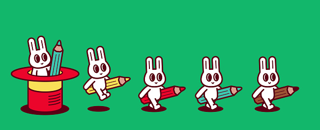 Animal Characters Vector Art Illustration
A group of cute rabbits, each carrying a big colored pencil, kept popping out of a magic hat and walking in a straight line.