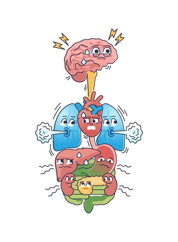 Stress impact on body and frustration influence on organs outline concept. High tension and emotional feelings effect on brain, lungs, kidney and bladder vector illustration. Unhealthy lifestyle.