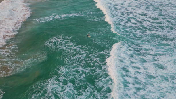 istock Deep blue ocean foaming seashore rolling beach at summer. Surfer lying surfboard 2076654392
