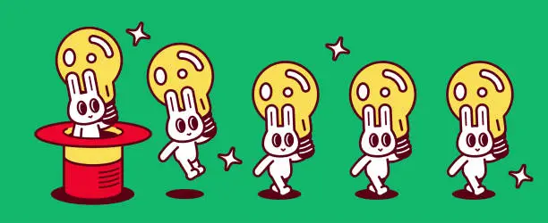 Vector illustration of A group of cute rabbits, each carrying a Big Idea light bulb, kept popping out of a magic hat and walking in a straight line