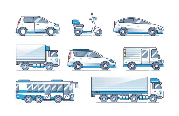 Vector illustration of Electric cars set with various battery powered vehicles outline collection