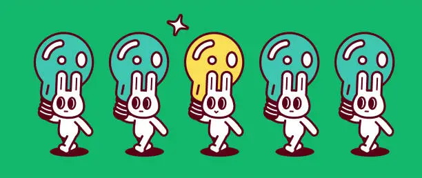 Vector illustration of A group of cute rabbits, each carrying a big idea light bulb, walking in a straight line, one of the rabbits' light bulbs is particularly different from the others