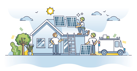Solar panel installation and professional technician application on roof outline concept. Maintenance and adjustment for effective performance and improved electricity production vector illustration.