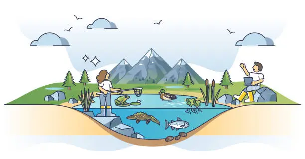 Vector illustration of Limnology study as inland water and aquatic nature research outline concept