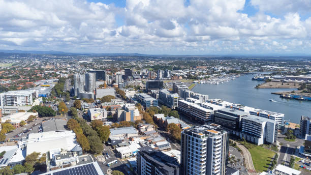 Aerial view over the Hunter River coastline at Newcastle Australia