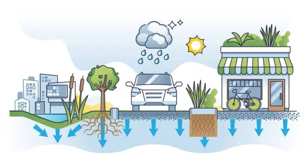 Vector illustration of Green storm water infrastructure with ecological solutions outline concept