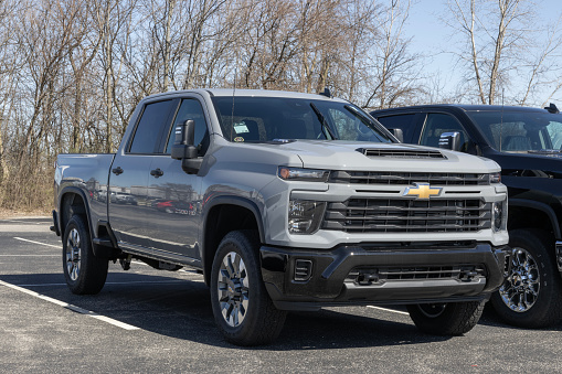 Plainfield - March 10, 2024: Chevrolet Silverado 2500 Crew Cab display. The Chevy Silverado 2500 is available with gas or diesel engines. MY:2024