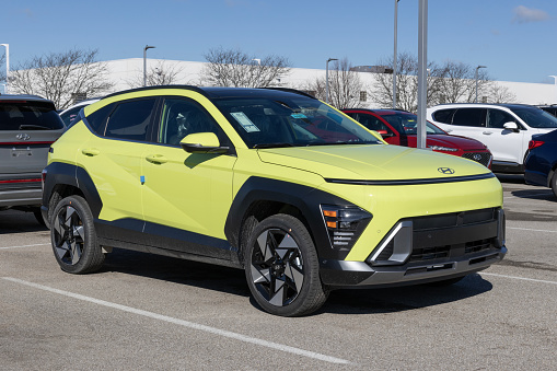 Avon - March 10, 2024: Hyundai Kona Limited display at a dealership. Hyundai offers the Kona in SE, SEL, N Line, and Limited models. MY:2024