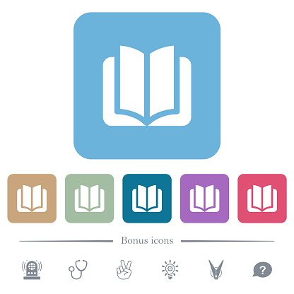 Open book solid white flat icons on color rounded square backgrounds. 6 bonus icons included
