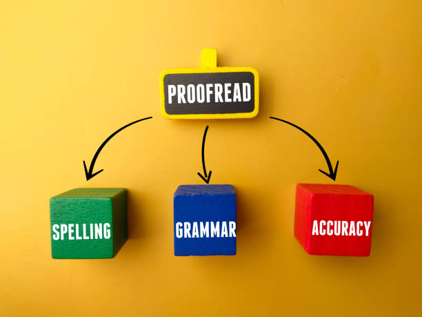 Wooden block and wooden board with the word PROOFREAD SPELLING GRAMMAR ACCURACY Wooden block and wooden board with the word PROOFREAD SPELLING GRAMMAR ACCURACY on yellow background proof reading documents stock pictures, royalty-free photos & images