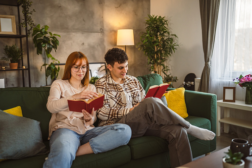 man and woman caucasian adult couple read books at home on sofa bed