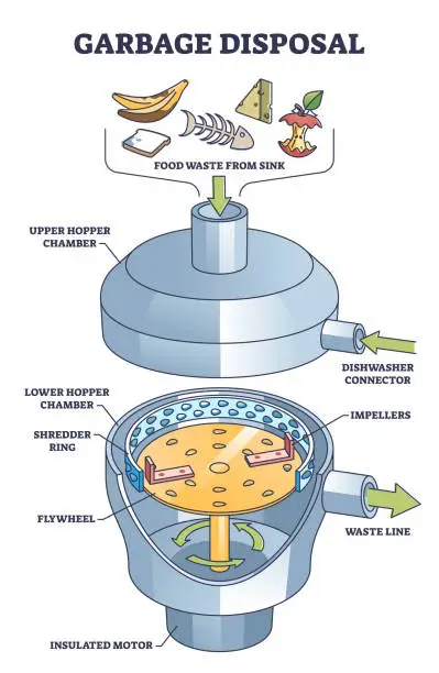 Vector illustration of Garbage disposal system with food waste shredder tool outline diagram