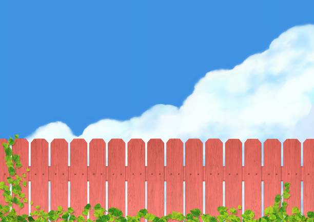 ilustrações de stock, clip art, desenhos animados e ícones de red wooden fence and blue sky/a - ivy backgrounds wood fence