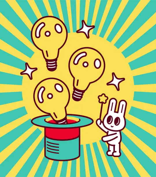 Vector illustration of A cute bunny waving a magic wand, a lot of Big Idea light bulbs popping out of a big magic hat