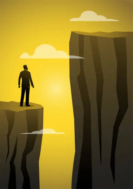 Vector illustration of A businessman stands and looks up at an intimidating cliff vector illustration