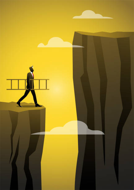 illustrazioni stock, clip art, cartoni animati e icone di tendenza di un uomo d'affari che tiene una scala guarda in alto verso l'illustrazione vettoriale di livello superiore - cliff ladder business problems