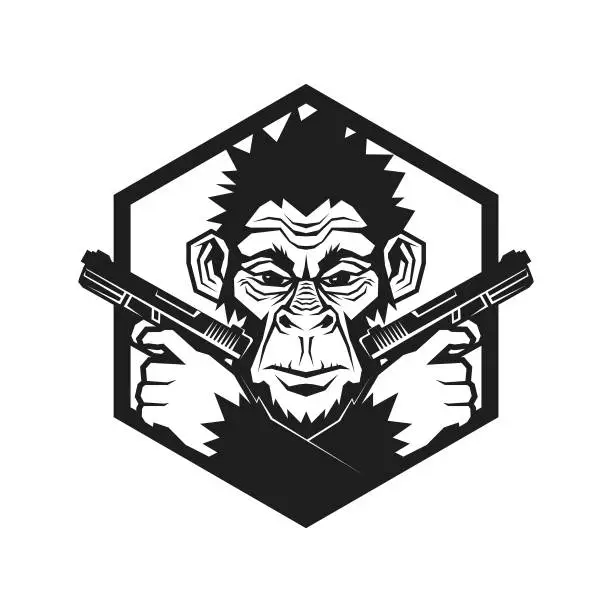 Vector illustration of Monkey, Gorilla, Ape with handguns. Gangster Monkey Character Mascot Cut Out Silhouette