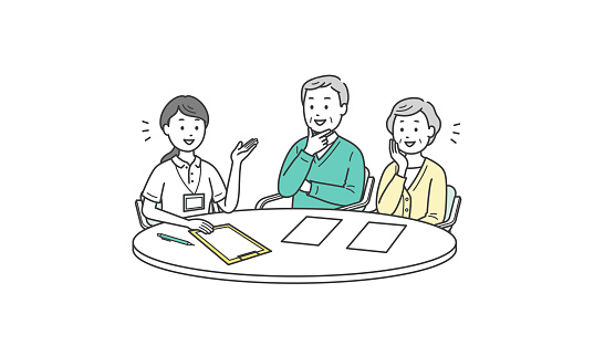 Illustration of an elderly man and woman couple receiving explanations from a care manager woman