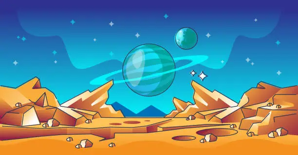 Vector illustration of Mars landscape and red rocky planet horizon surface scene outline concept