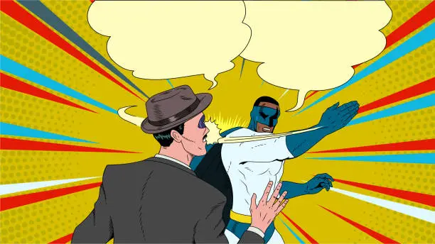 Vector illustration of Vector Retro Pop Art African American Superhero Slaps a Man Meme Template Stock Illustration