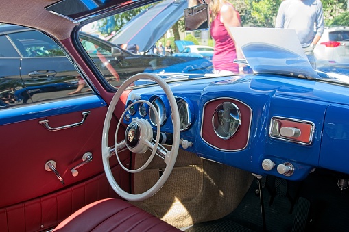 1954 Porsche 356  interior details at the New England Classic Car Show along main street in Andover Massachusetts, July 30, 2023