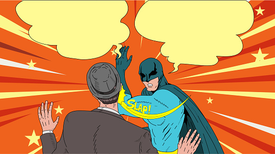 A retro pop art style vector illustration of a masked superhero slapping a man. Speech bubble available for your text, perfect for a meme.